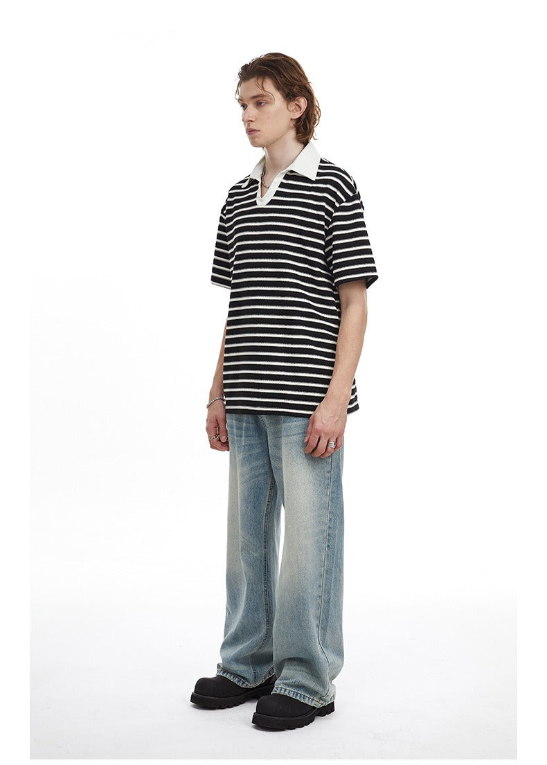 Relaxed Fit Striped Polo Shirt Men's Vintage Contrast Collar Top