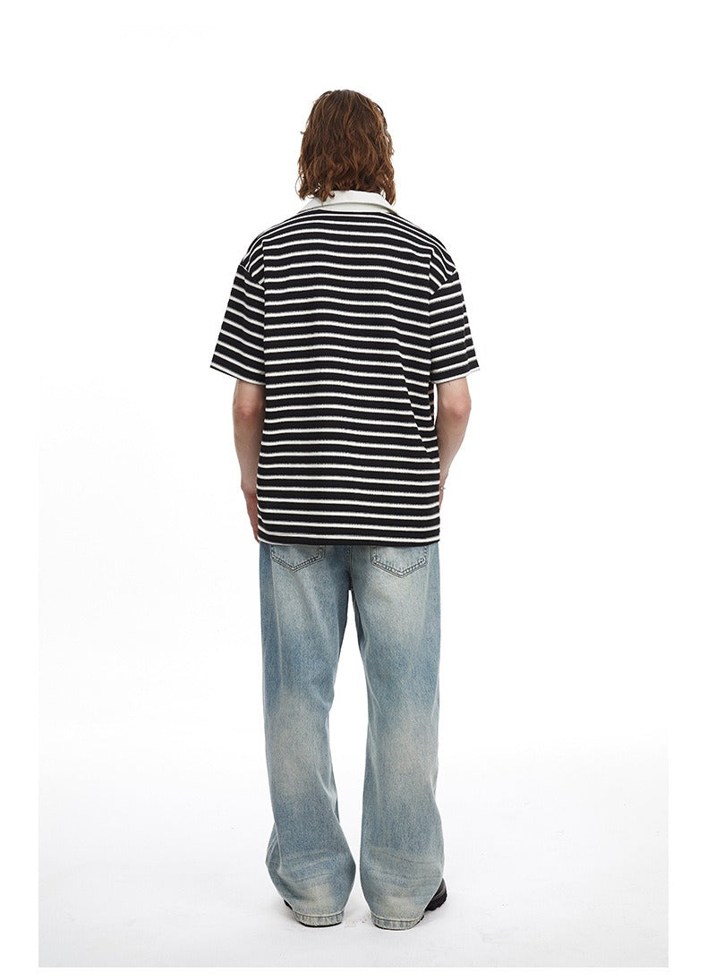Relaxed Fit Striped Polo Shirt Men's Vintage Contrast Collar Top