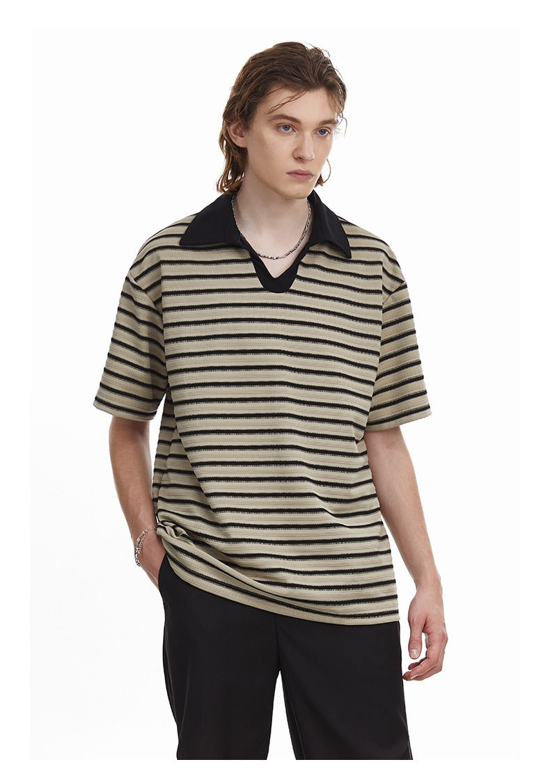 Relaxed Fit Striped Polo Shirt Men's Vintage Contrast Collar Top