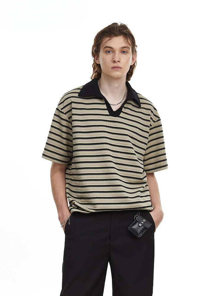 Relaxed Fit Striped Polo Shirt Men's Vintage Contrast Collar Top