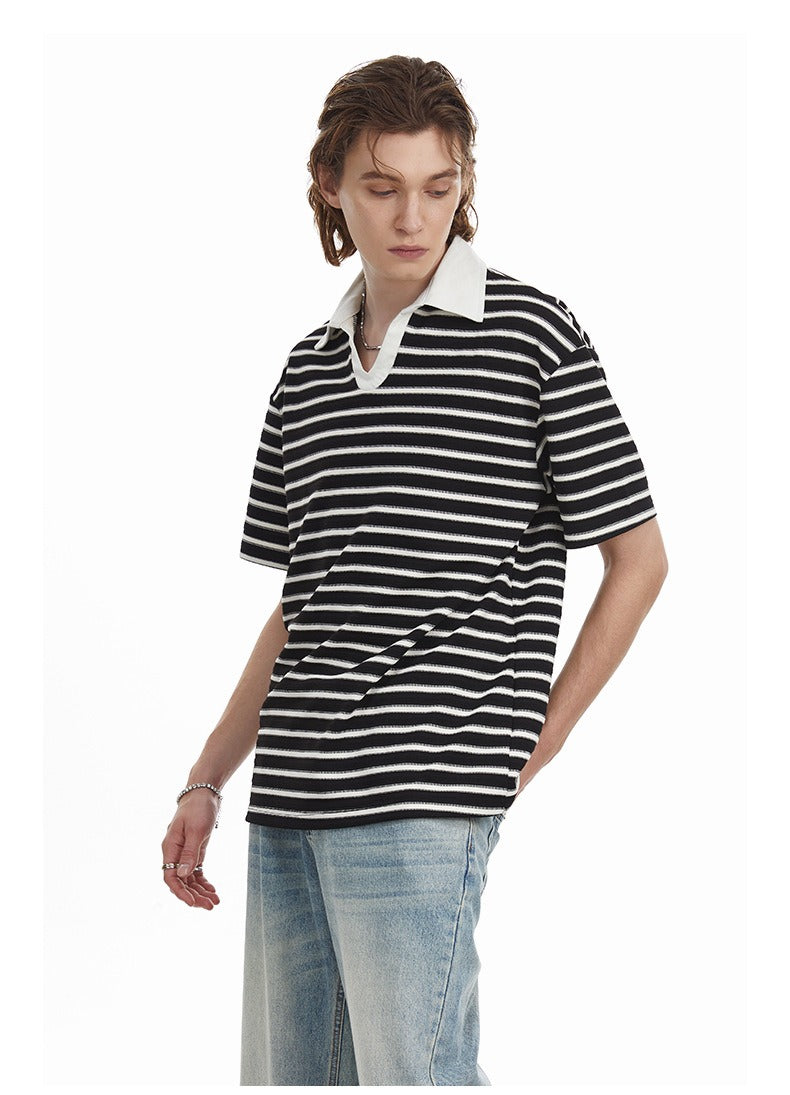 Relaxed Fit Striped Polo Shirt Men's Vintage Contrast Collar Top