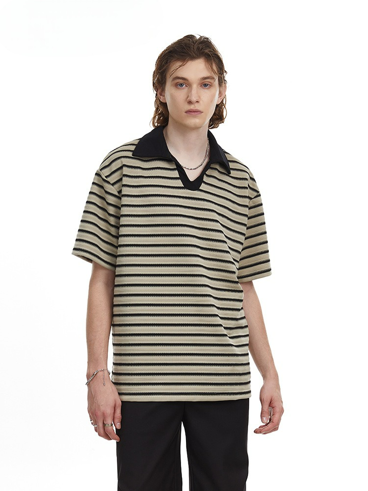 Relaxed Fit Striped Polo Shirt Men's Vintage Contrast Collar Top