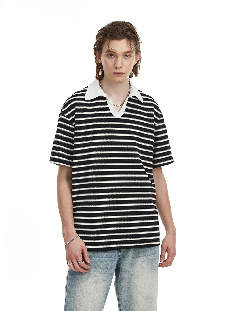Relaxed Fit Striped Polo Shirt Men's Vintage Contrast Collar Top