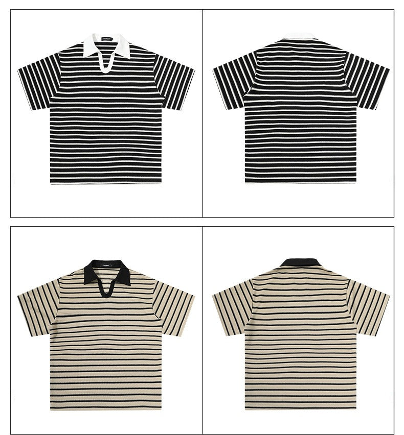 Relaxed Fit Striped Polo Shirt Men's Vintage Contrast Collar Top