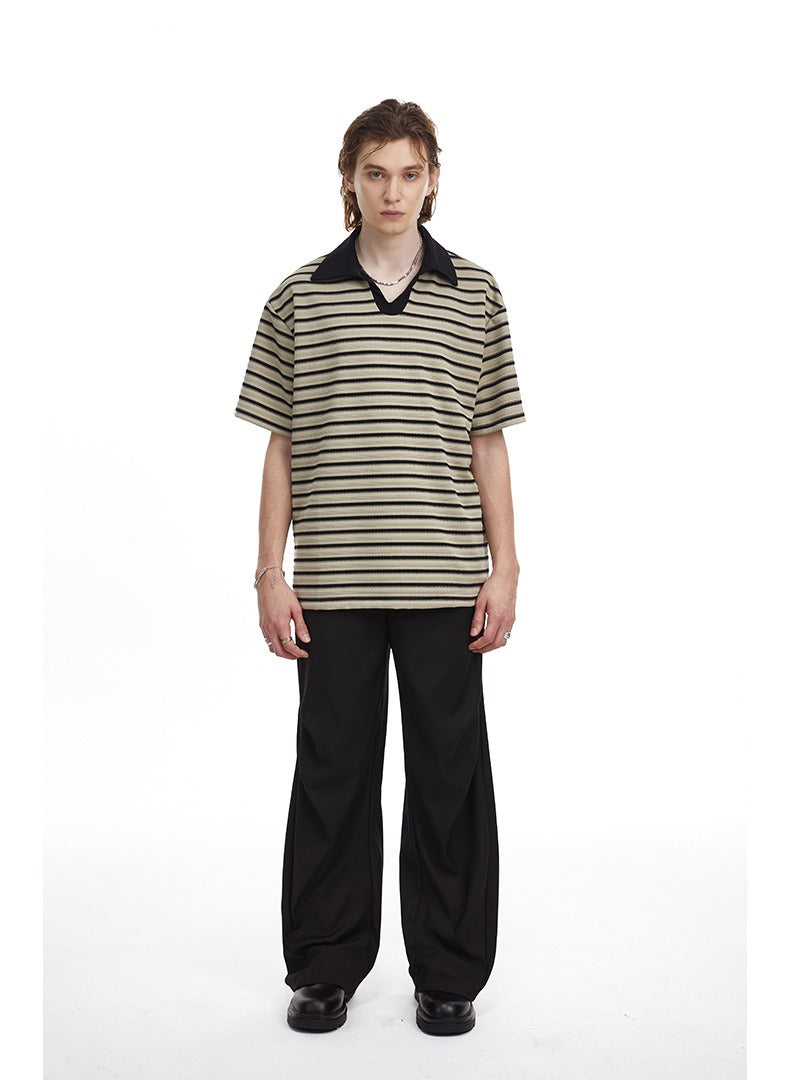 Relaxed Fit Striped Polo Shirt Men's Vintage Contrast Collar Top