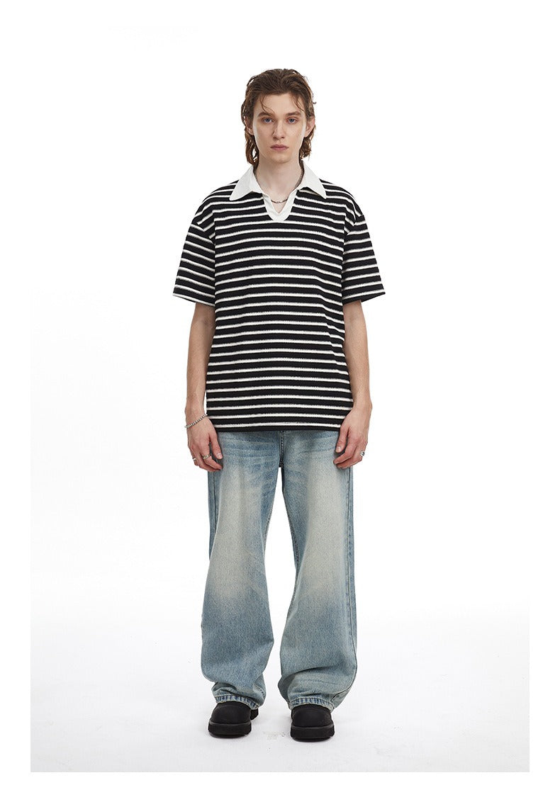 Relaxed Fit Striped Polo Shirt Men's Vintage Contrast Collar Top