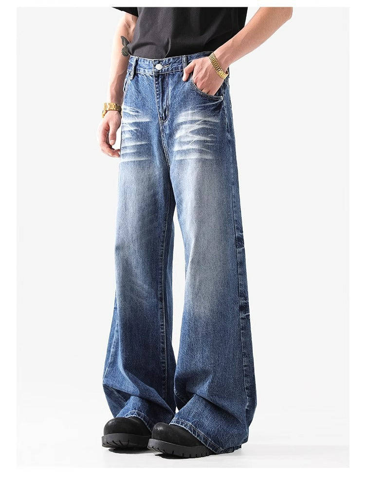 Retro Faded Wide Leg Jeans High Street Classic Blue Denim