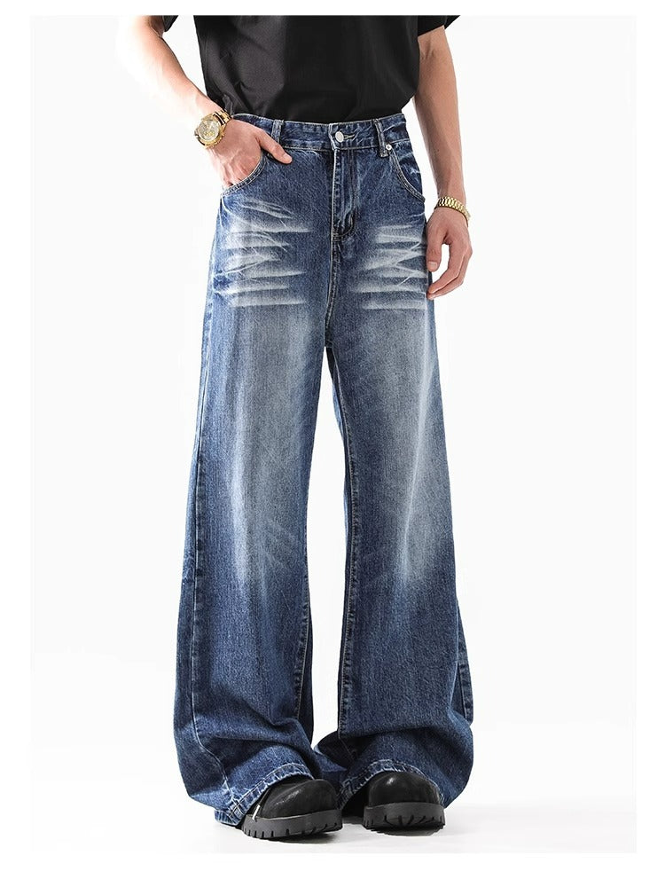 Retro Faded Wide Leg Jeans High Street Classic Blue Denim