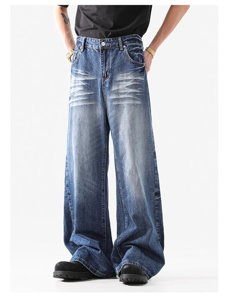 Retro Faded Wide Leg Jeans High Street Classic Blue Denim