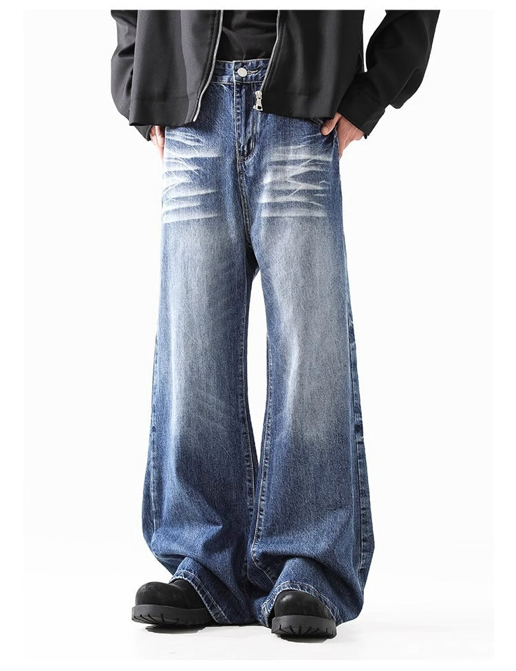 Retro Faded Wide Leg Jeans High Street Classic Blue Denim