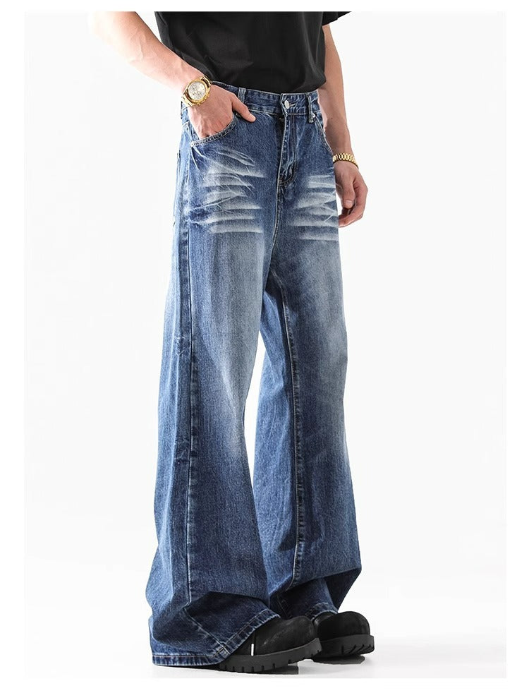 Retro Faded Wide Leg Jeans High Street Classic Blue Denim