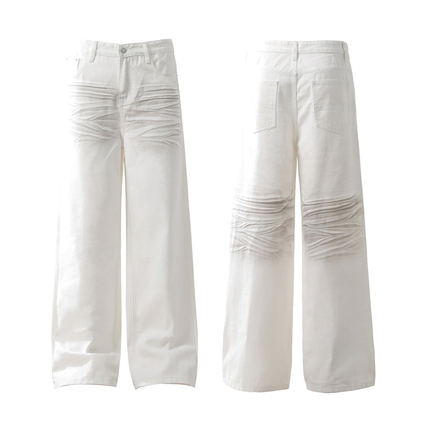 Retro Pintuck Detail White Jeans 3D Pleated Wide Leg Baggy Fit