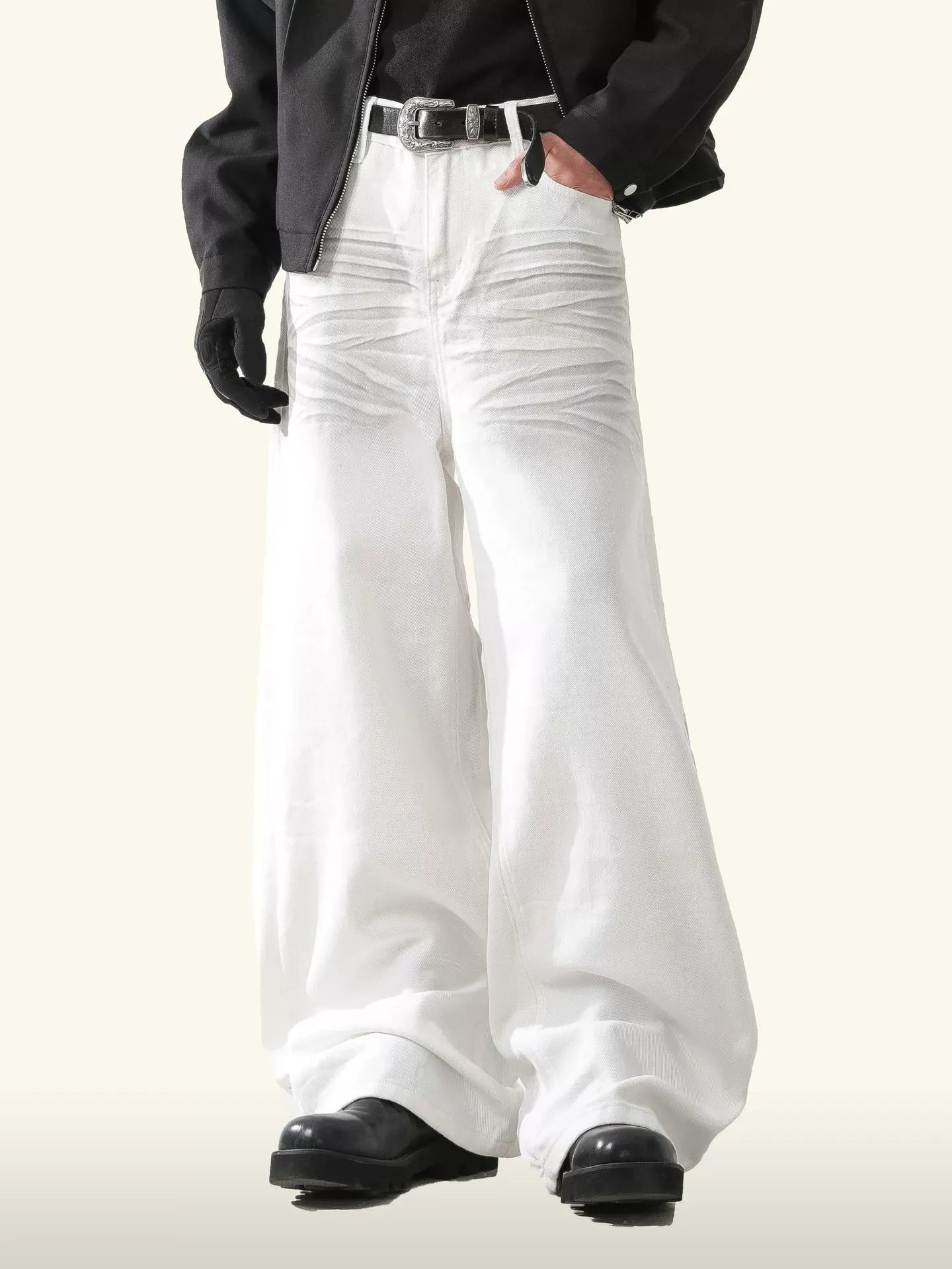 Retro Pintuck Detail White Jeans 3D Pleated Wide Leg Baggy Fit