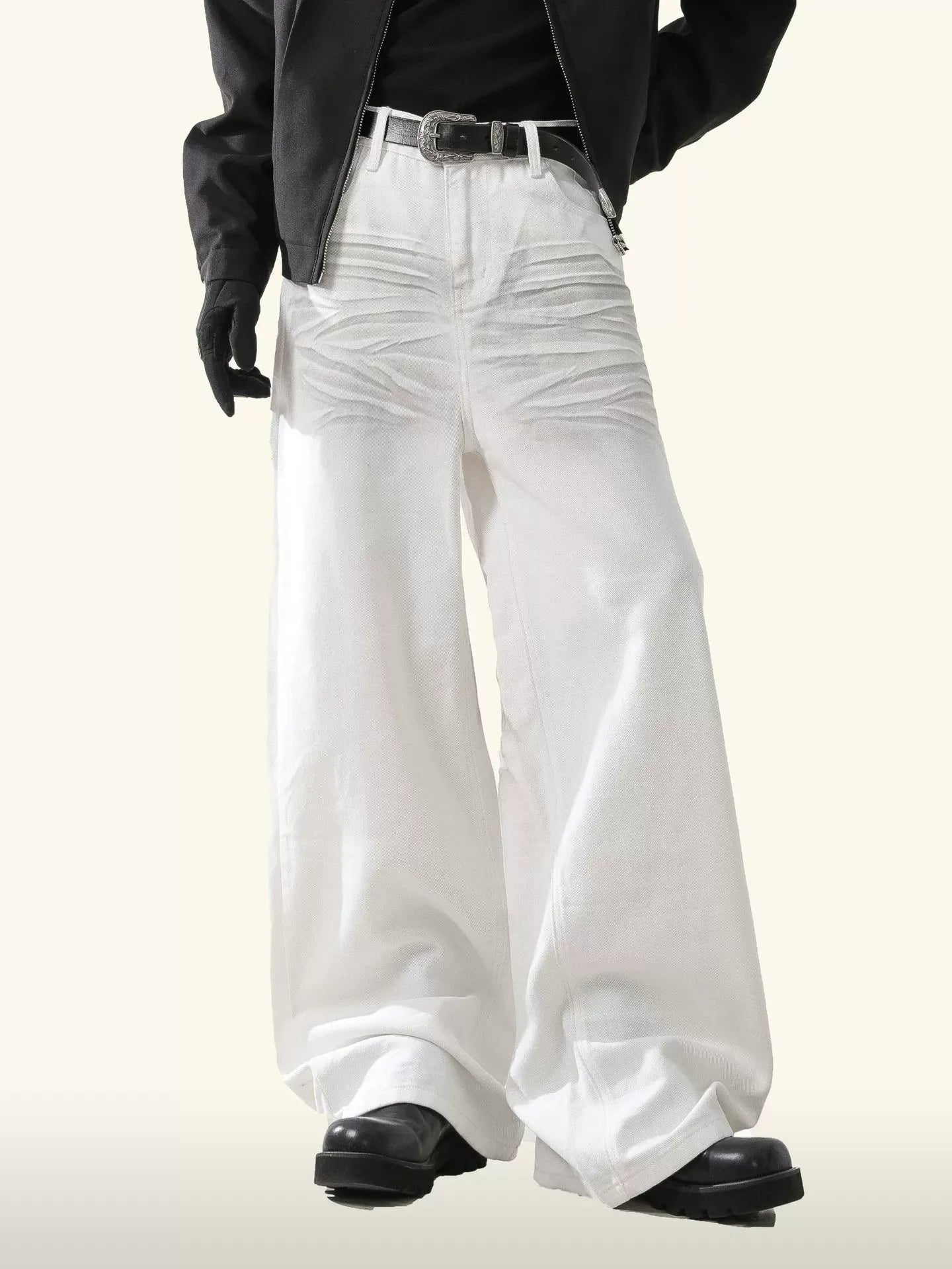 Retro Pintuck Detail White Jeans 3D Pleated Wide Leg Baggy Fit