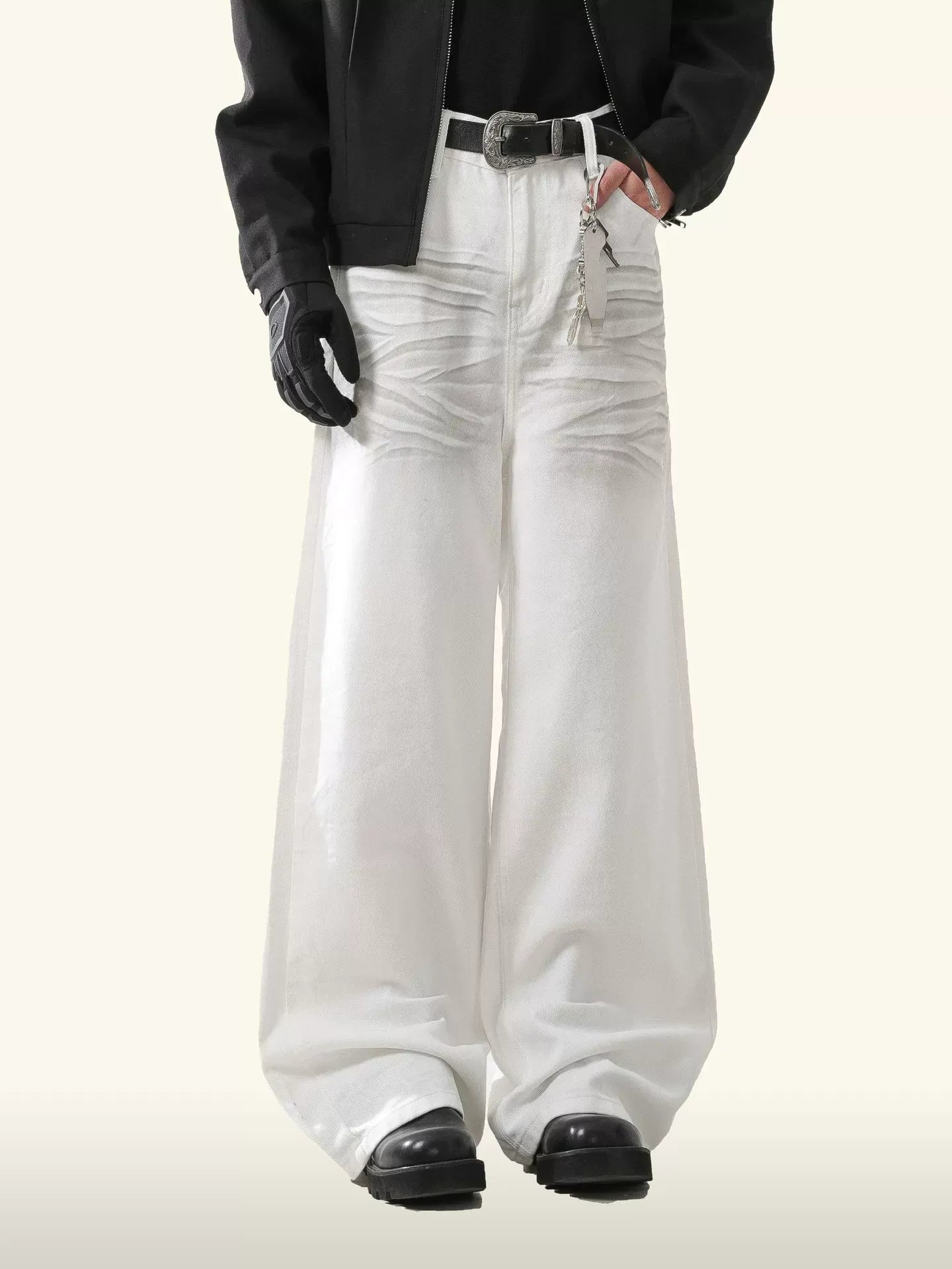 Retro Pintuck Detail White Jeans 3D Pleated Wide Leg Baggy Fit