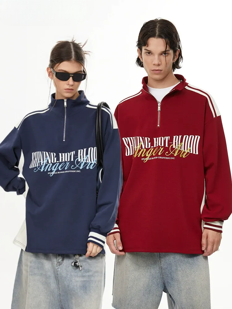Retro Quarter-Zip Pullover Striped Sleeve Track Top