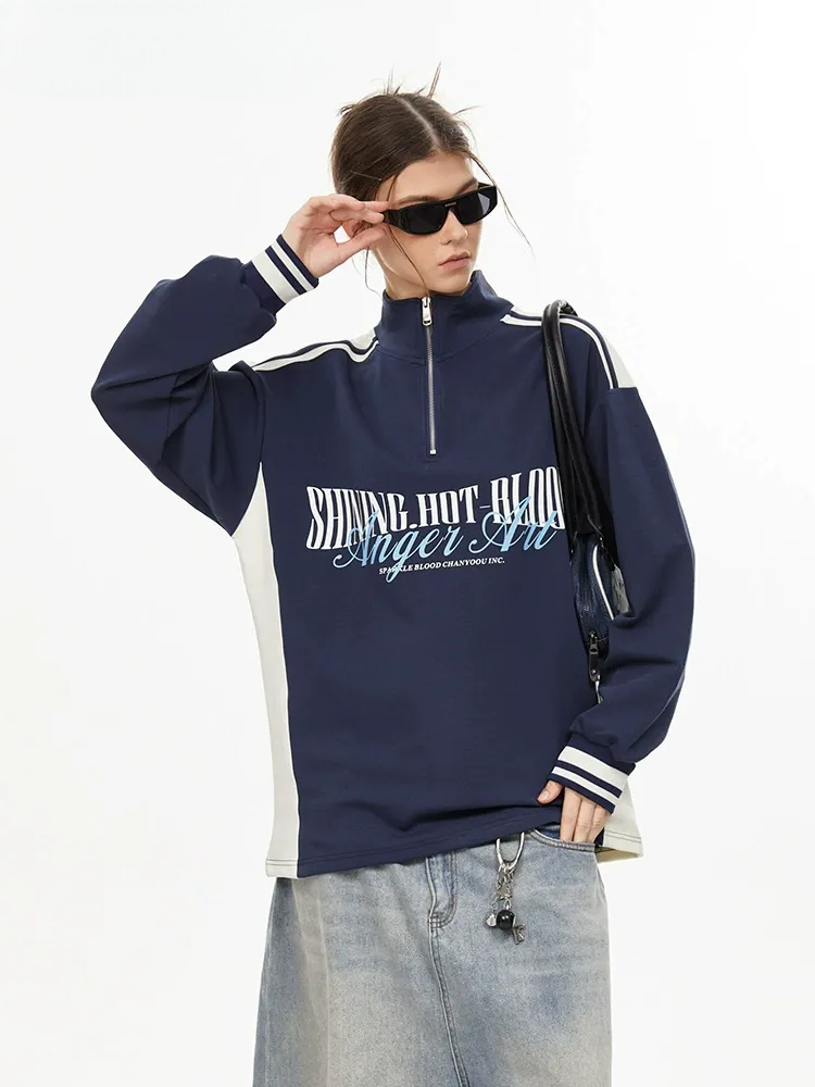 Retro Quarter-Zip Pullover Striped Sleeve Track Top