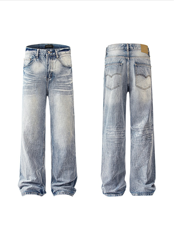 Retro Straight Leg Jeans Faded Wash Denim