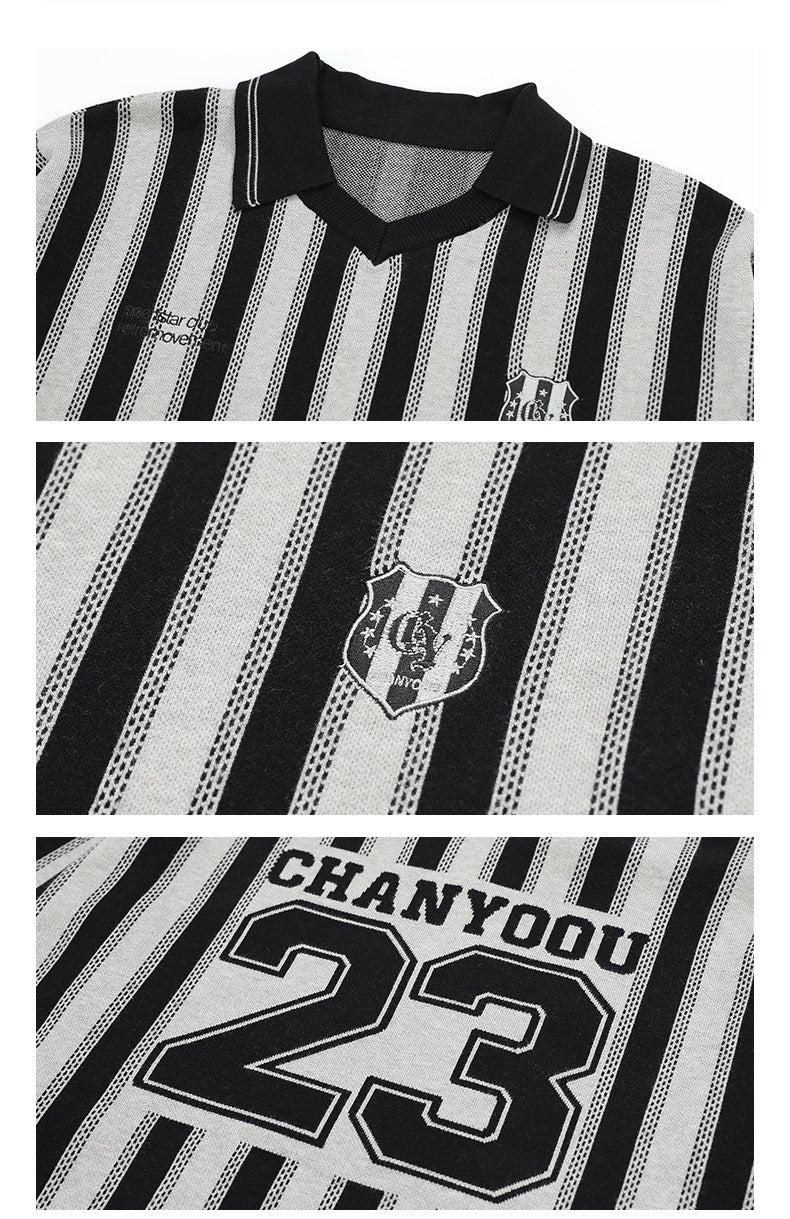 Retro Striped Long Sleeve Polo Relaxed Fit Knit Jersey