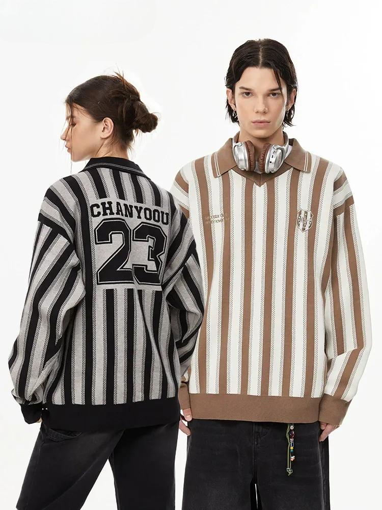 Retro Striped Long Sleeve Polo Relaxed Fit Knit Jersey
