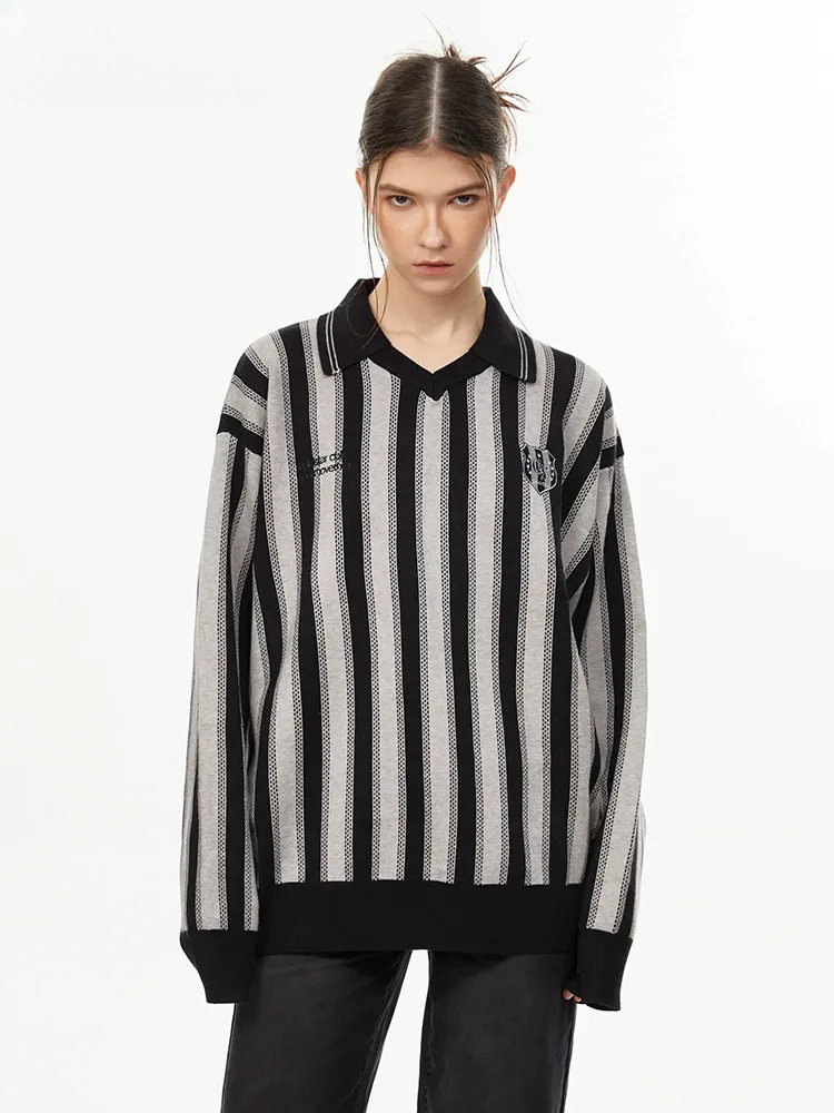 Retro Striped Long Sleeve Polo Relaxed Fit Knit Jersey