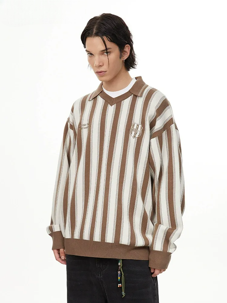Retro Striped Long Sleeve Polo Relaxed Fit Knit Jersey