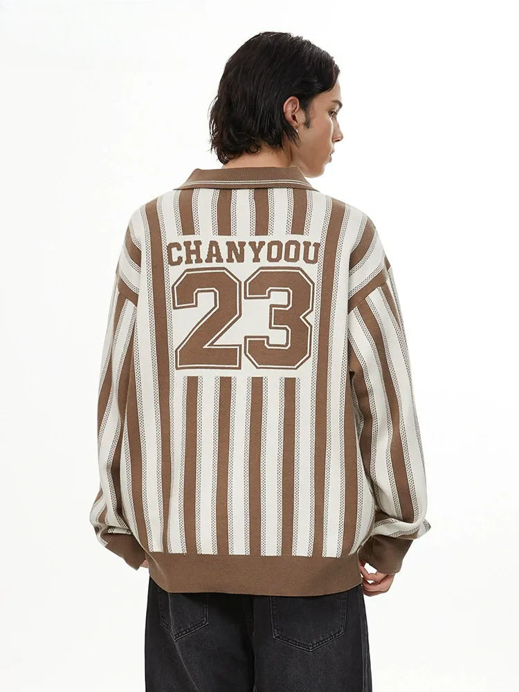 Retro Striped Long Sleeve Polo Relaxed Fit Knit Jersey