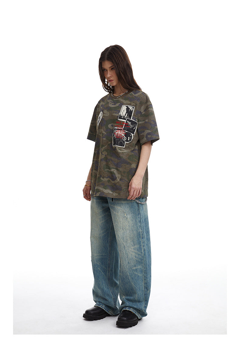 Retro Camouflage Patch Embroidered T-Shirt
