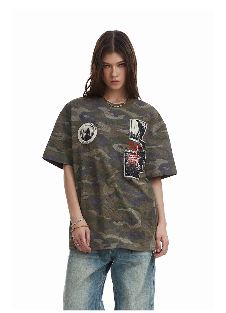 Retro Camouflage Patch Embroidered T-Shirt