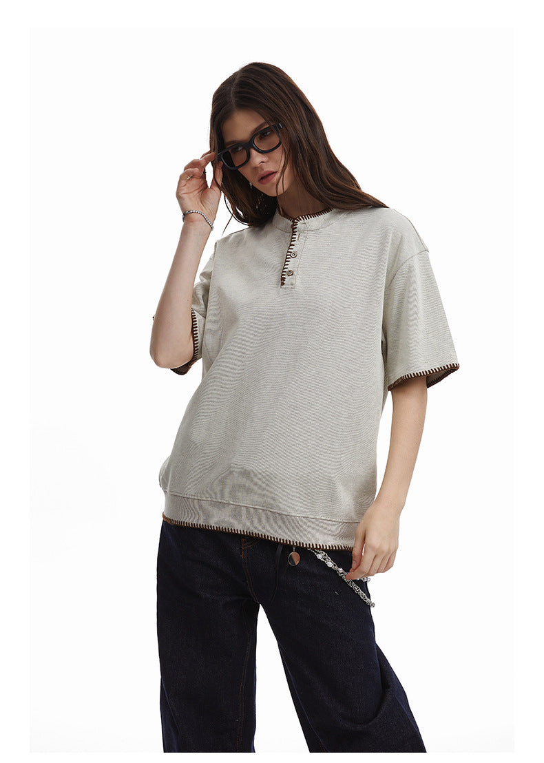 Retro Knit Henley Old Money Style Short Sleeved