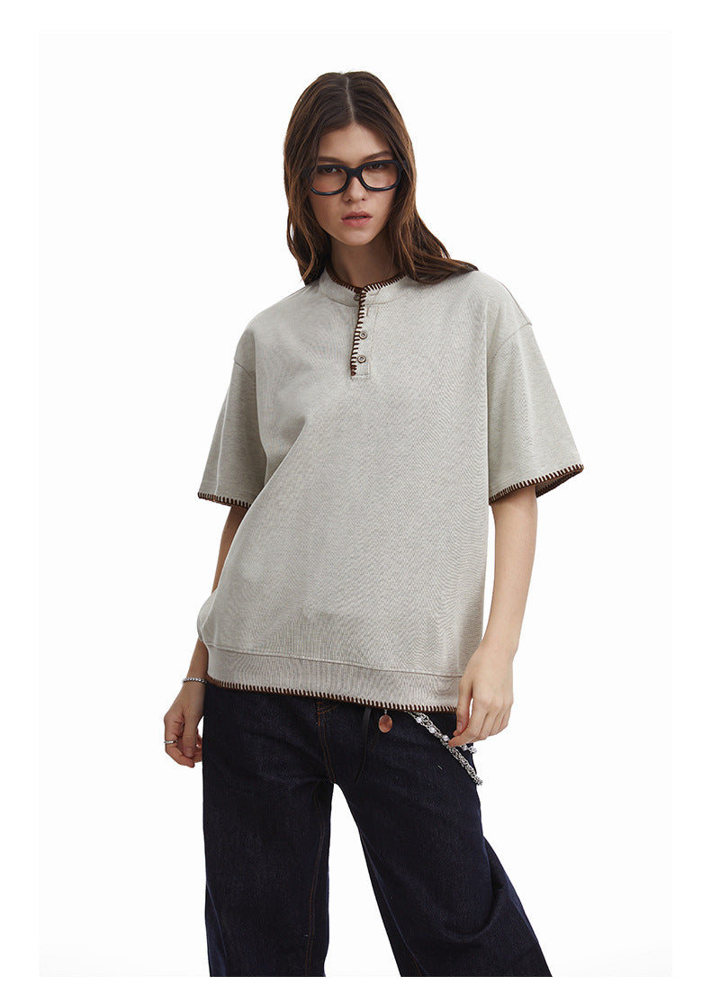 Retro Knit Henley Old Money Style Short Sleeved