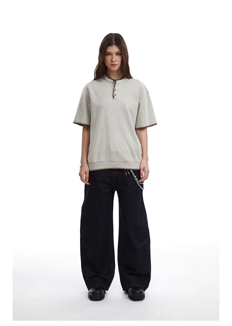 Retro Knit Henley Old Money Style Short Sleeved