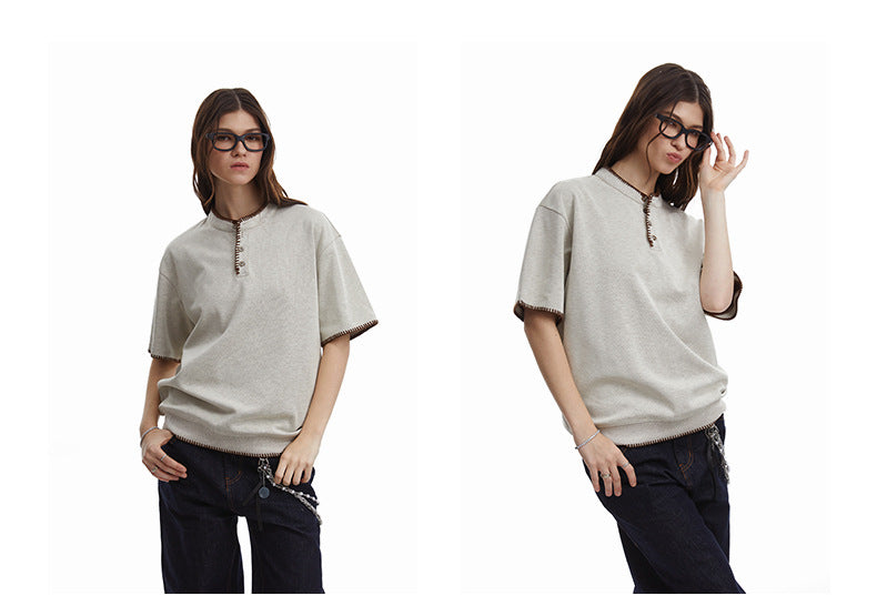 Retro Knit Henley Old Money Style Short Sleeved