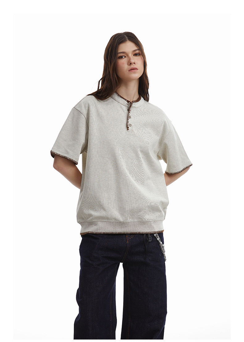 Retro Knit Henley Old Money Style Short Sleeved