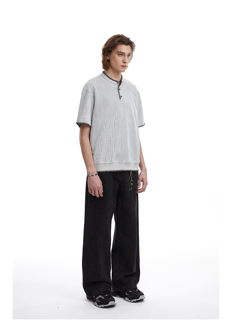 Retro Knit Henley Old Money Style Short Sleeved