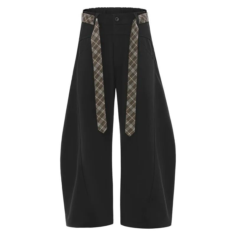 Vintage Flared Barrel Pants with Plaid Tie Detail