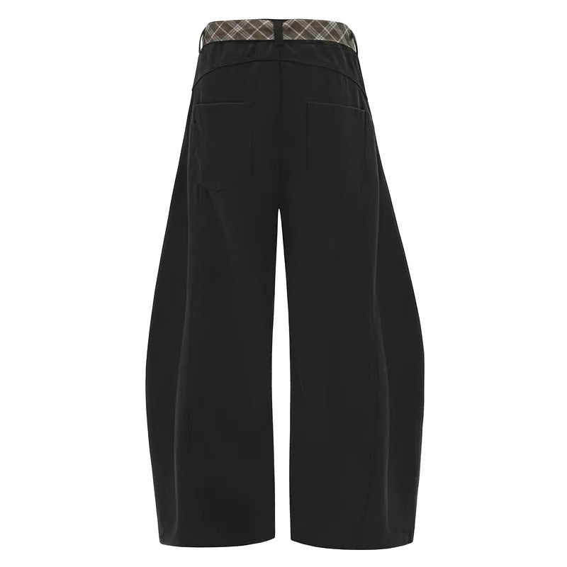 Vintage Flared Barrel Pants with Plaid Tie Detail