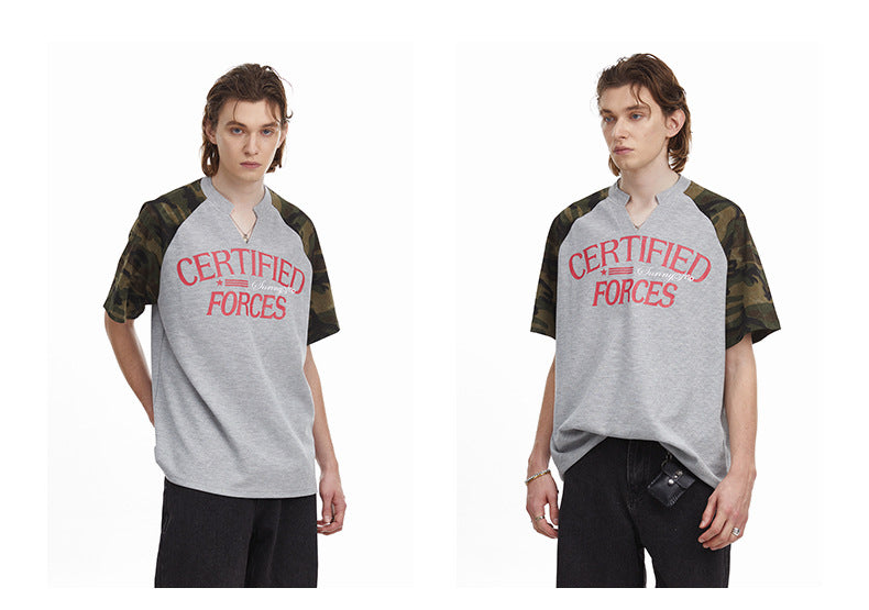 Vintage Splicing Raglan Camo Short Sleeves Waffle Knit Henley Tee