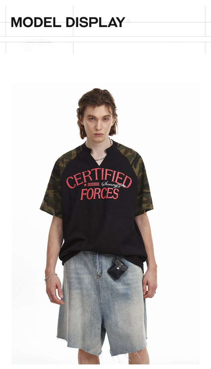 Vintage Splicing Raglan Camo Short Sleeves Waffle Knit Henley Tee