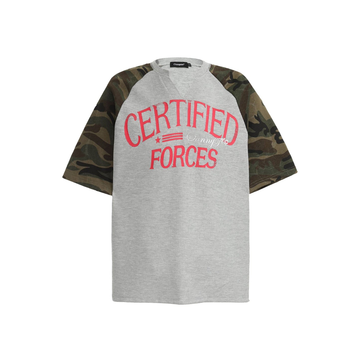 Vintage Splicing Raglan Camo Short Sleeves Waffle Knit Henley Tee