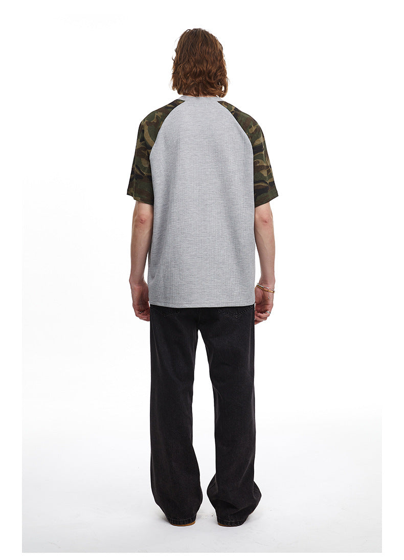 Vintage Splicing Raglan Camo Short Sleeves Waffle Knit Henley Tee