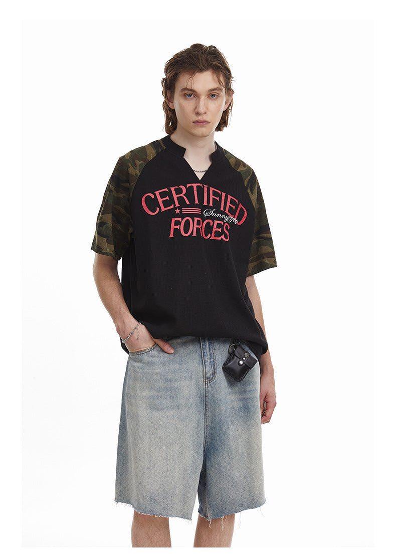 Vintage Splicing Raglan Camo Short Sleeves Waffle Knit Henley Tee