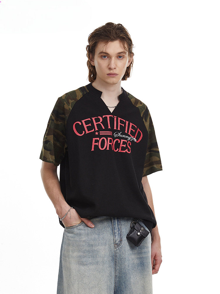 Vintage Splicing Raglan Camo Short Sleeves Waffle Knit Henley Tee