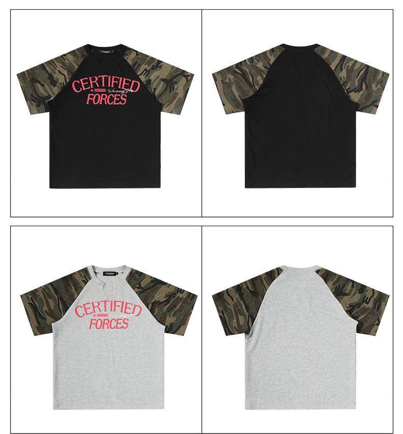 Vintage Splicing Raglan Camo Short Sleeves Waffle Knit Henley Tee