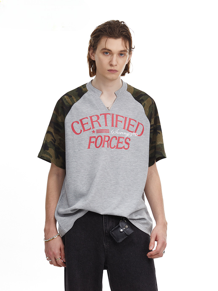 Vintage Splicing Raglan Camo Short Sleeves Waffle Knit Henley Tee