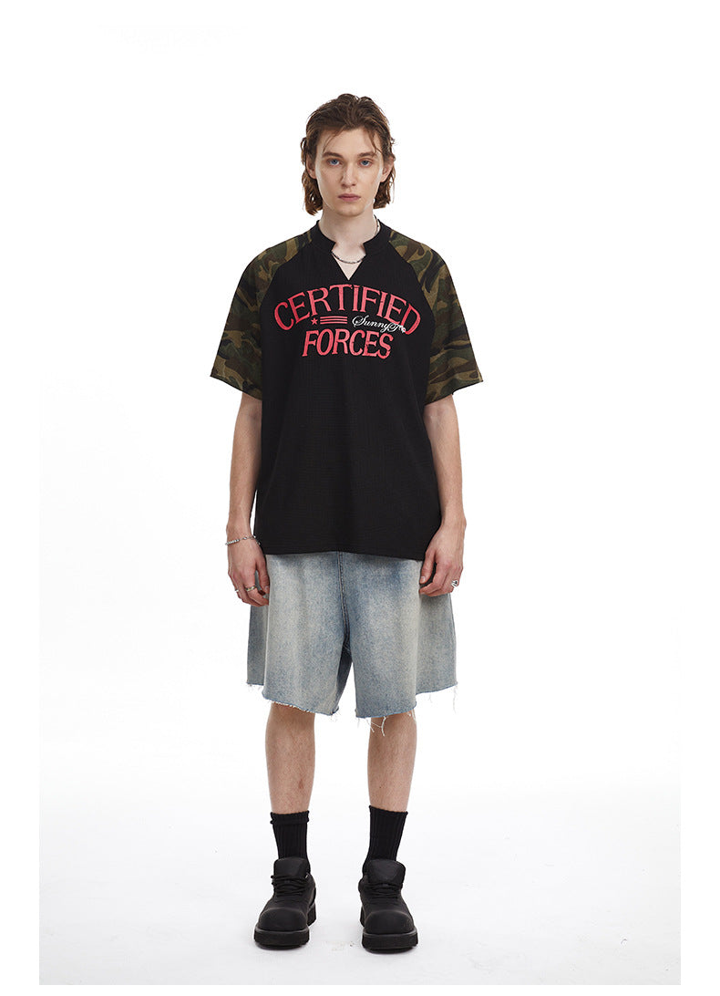 Vintage Splicing Raglan Camo Short Sleeves Waffle Knit Henley Tee