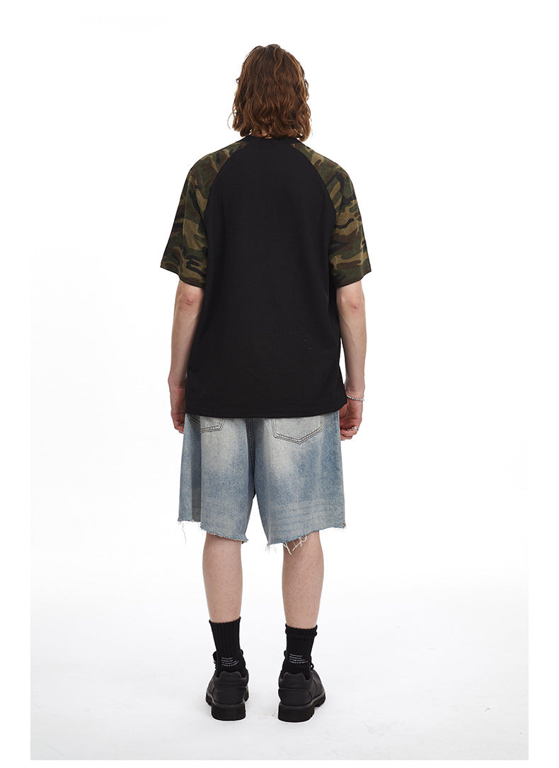 Vintage Splicing Raglan Camo Short Sleeves Waffle Knit Henley Tee
