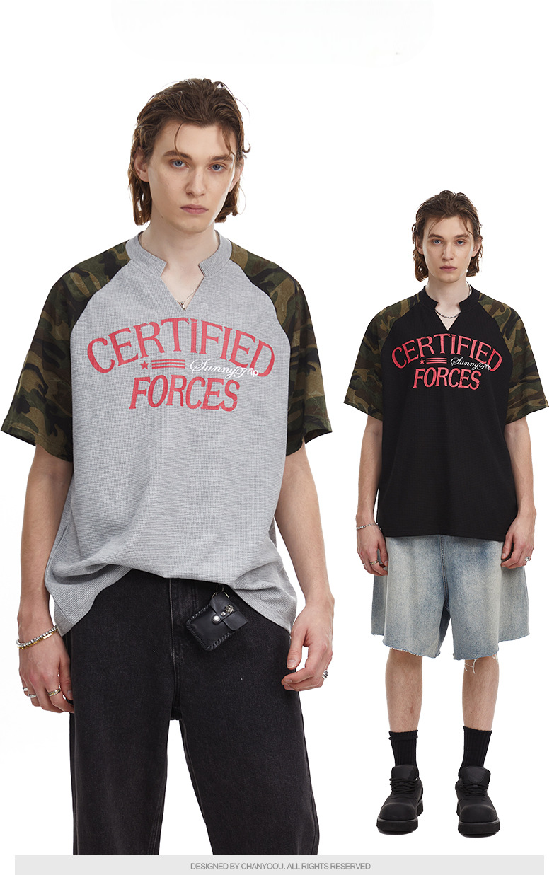 Vintage Splicing Raglan Camo Short Sleeves Waffle Knit Henley Tee