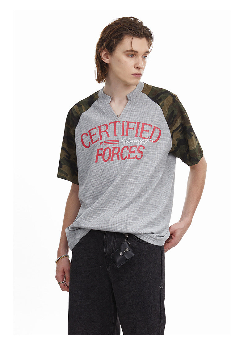 Vintage Splicing Raglan Camo Short Sleeves Waffle Knit Henley Tee