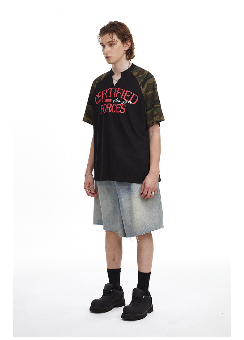 Vintage Splicing Raglan Camo Short Sleeves Waffle Knit Henley Tee